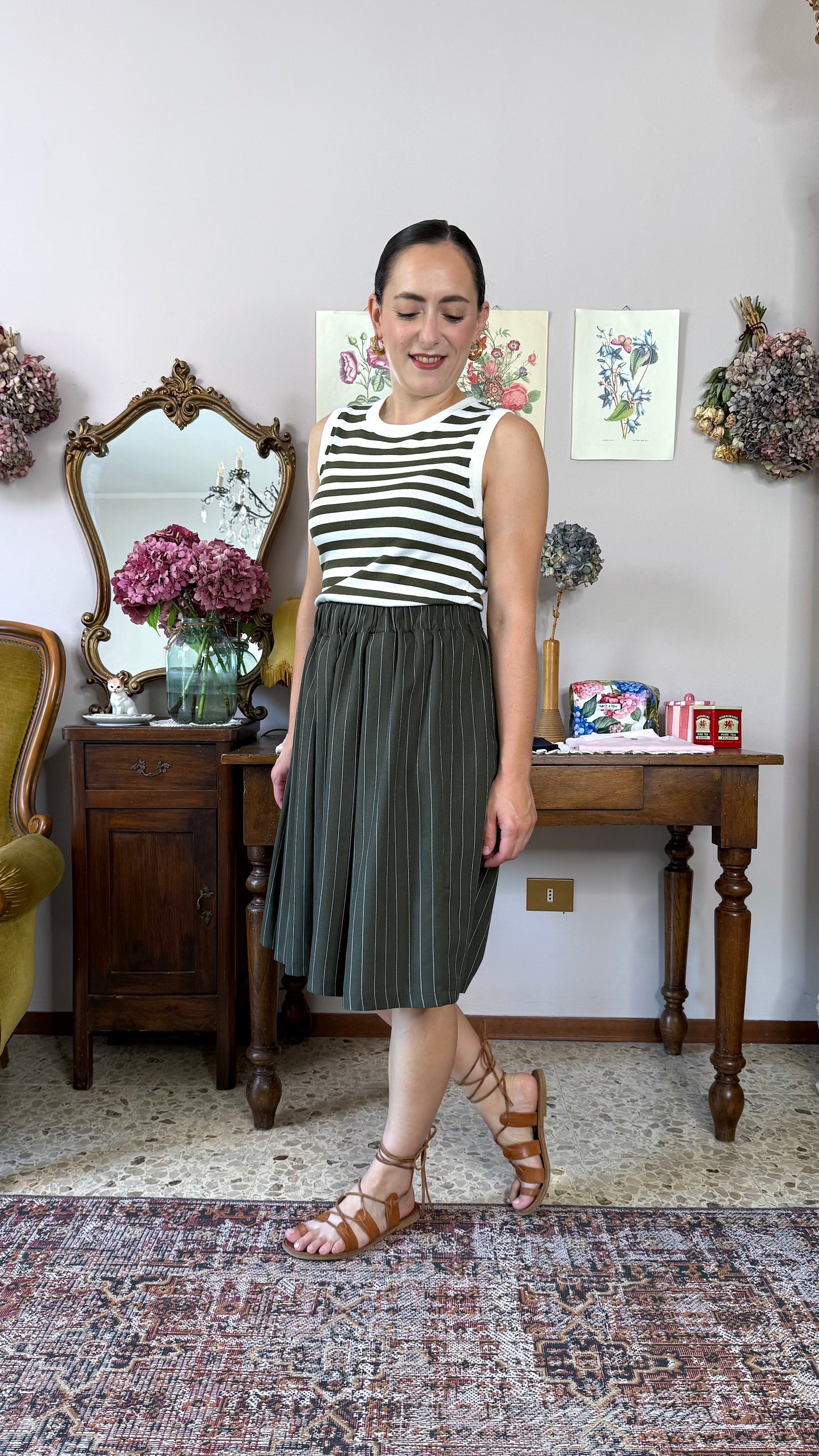 Gonna-Pantalone Morena, gessato verde bosco