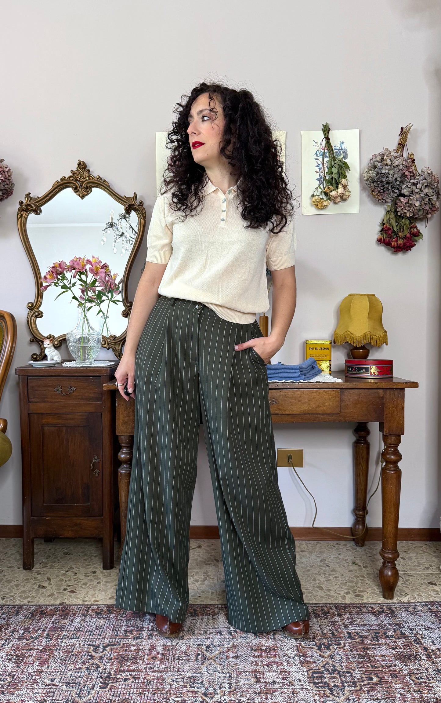 Pantalone Coco, gessato verde