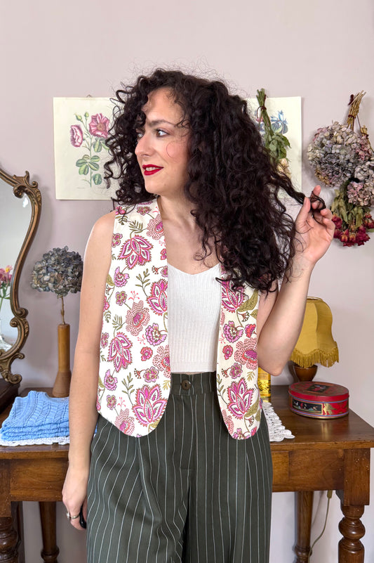 Gilet Iris, crema fiori rosa