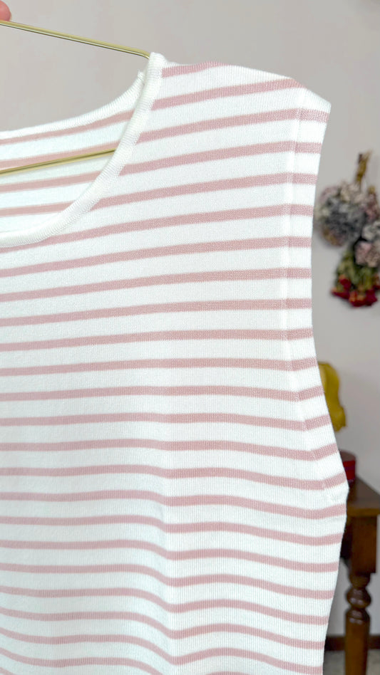 Canotta a righe in maglia, bianco e rosa