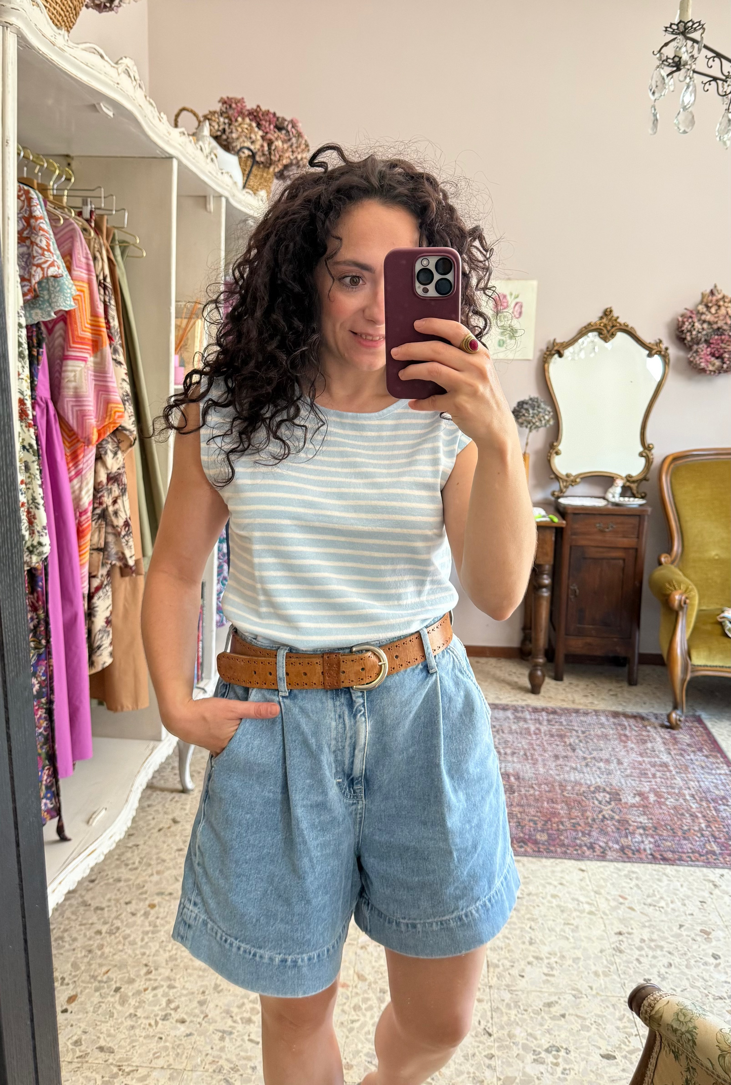 Canotta a righe in maglia, azzurro e bianco