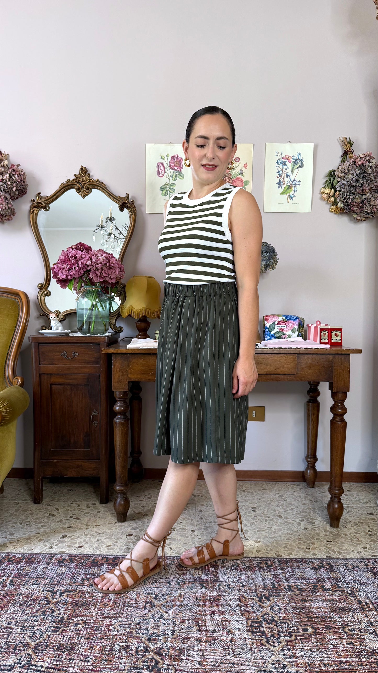Gonna-Pantalone Morena, gessato verde bosco