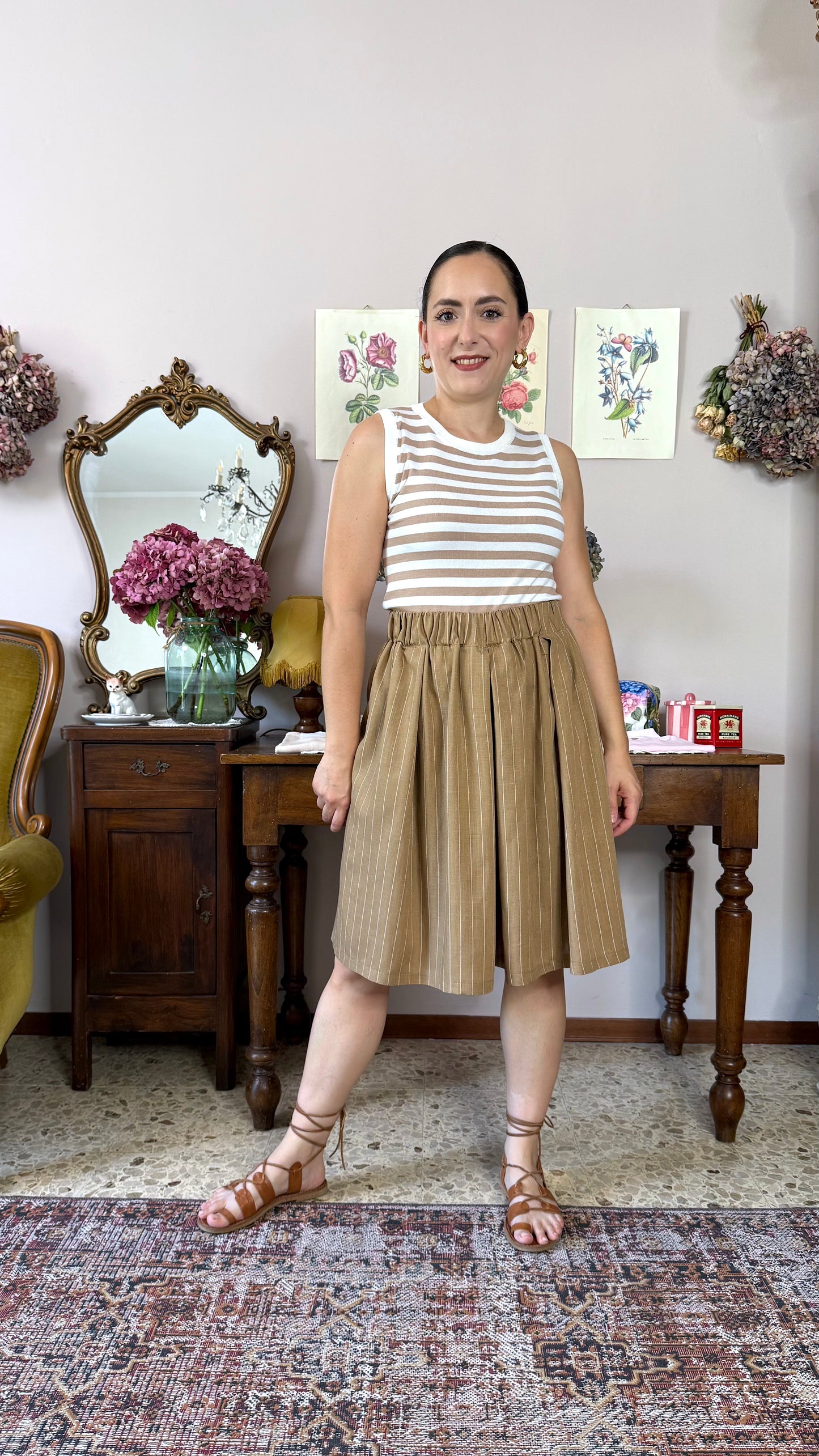 Gonna-Pantalone Morena, gessato nocciola