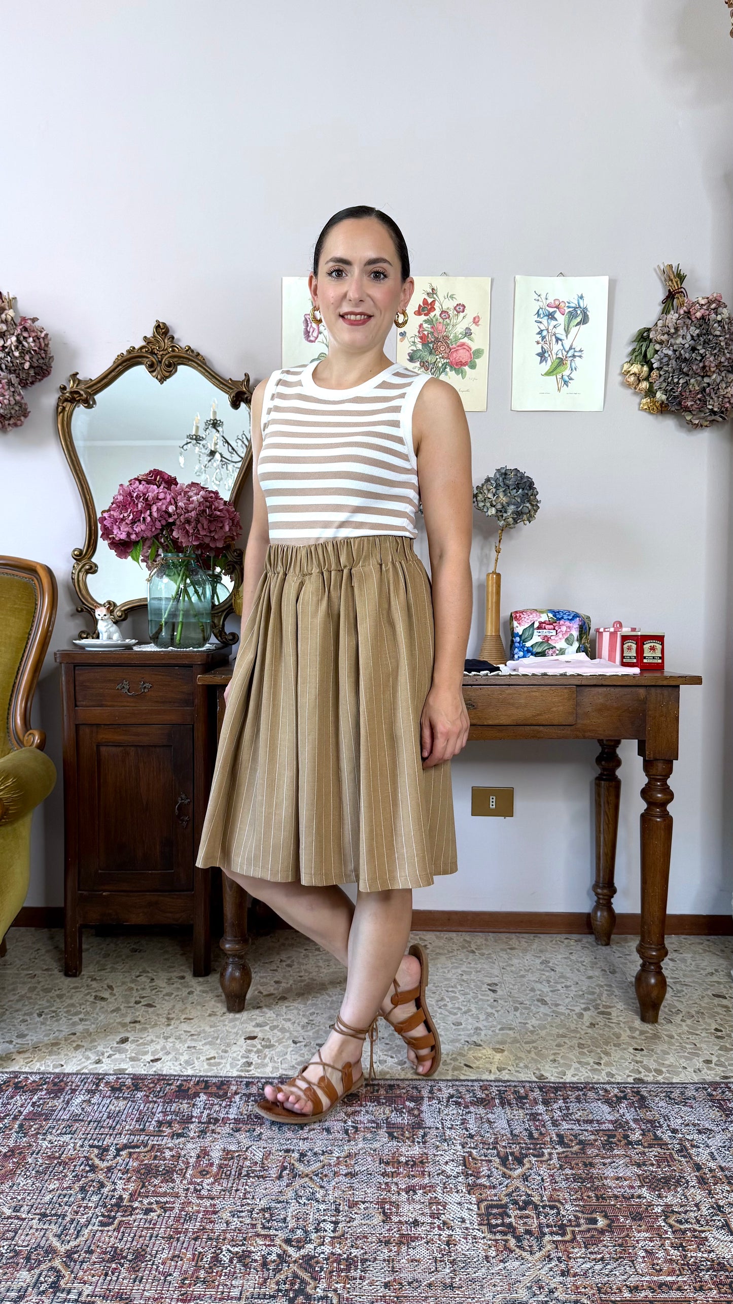 Gonna-Pantalone Morena, gessato nocciola
