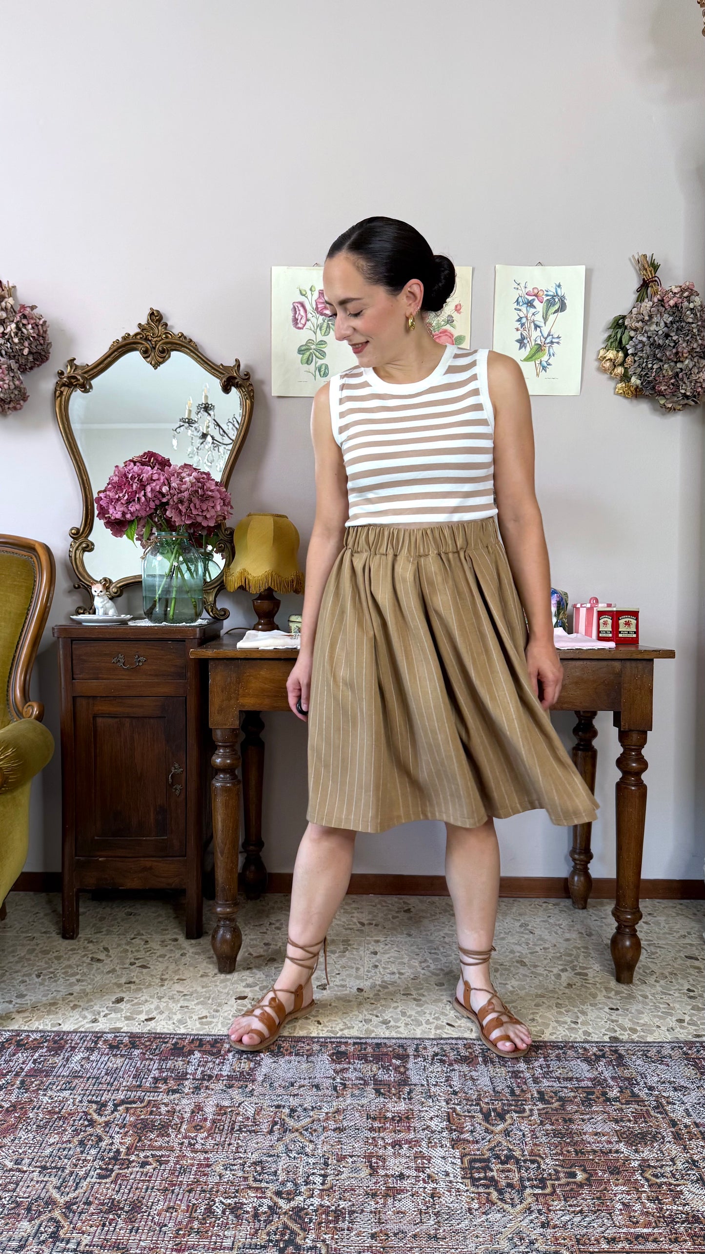 Gonna-Pantalone Morena, gessato nocciola