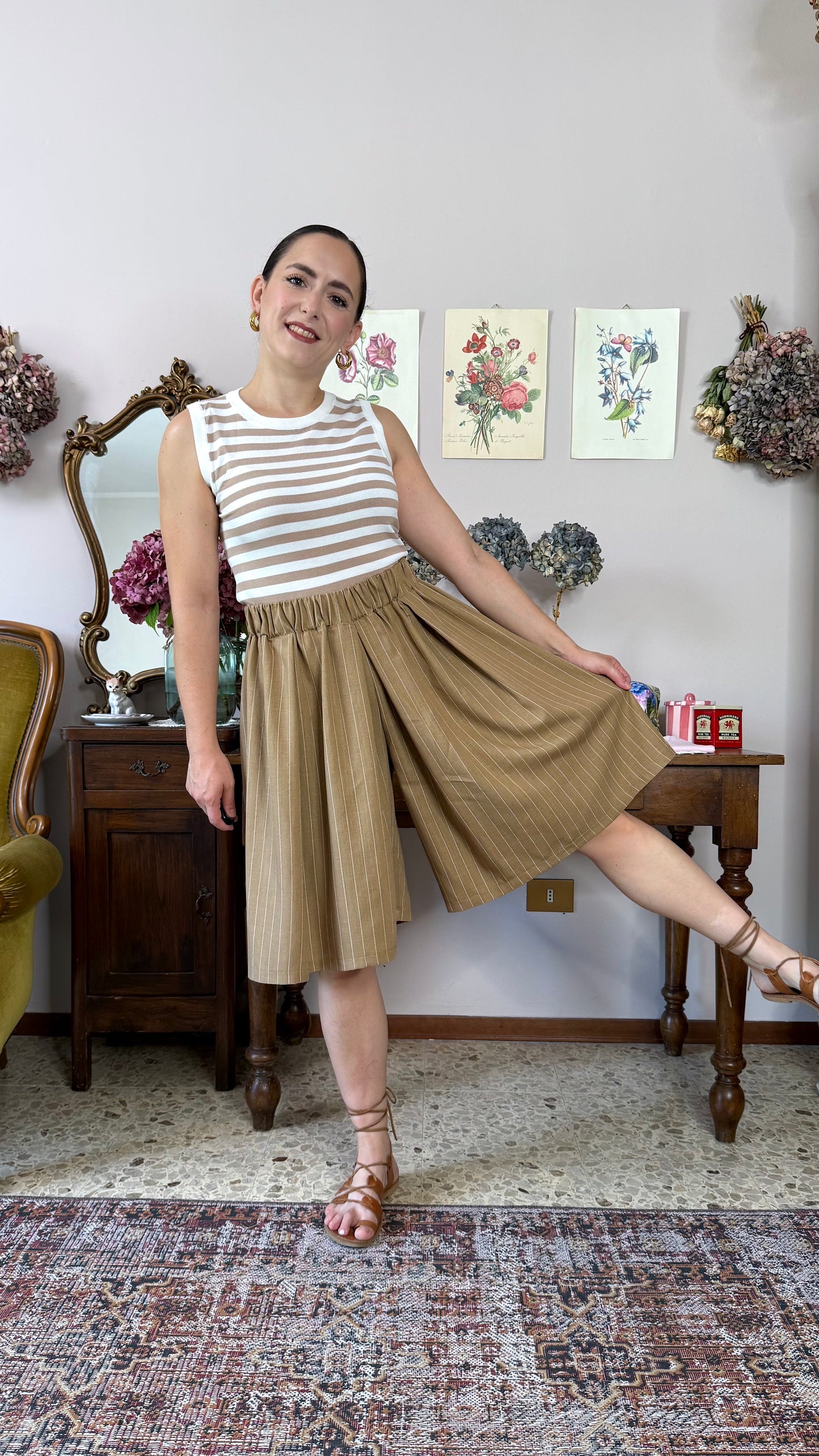 Gonna-Pantalone Morena, gessato nocciola