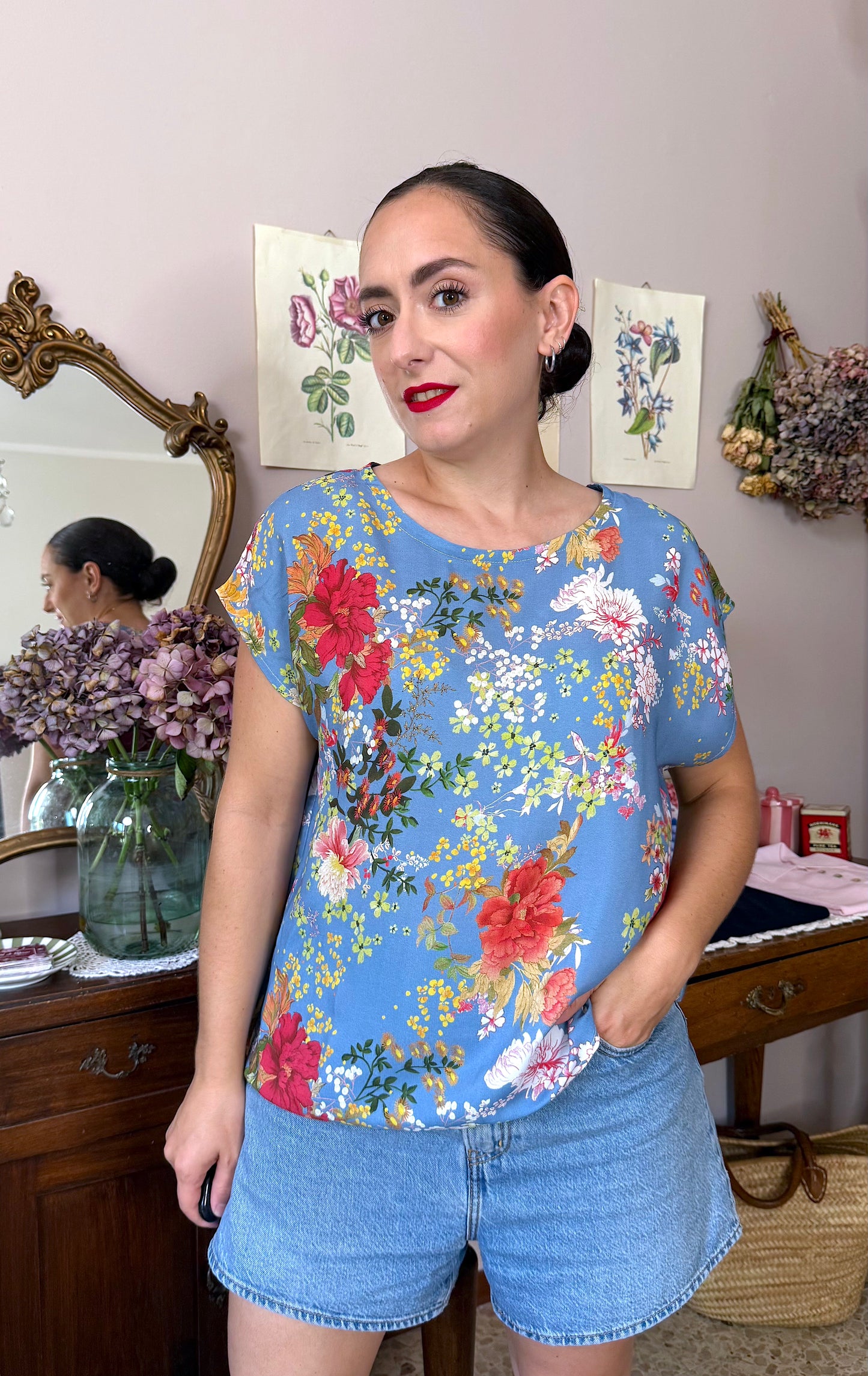 Blusa Serena, azzurro fiori