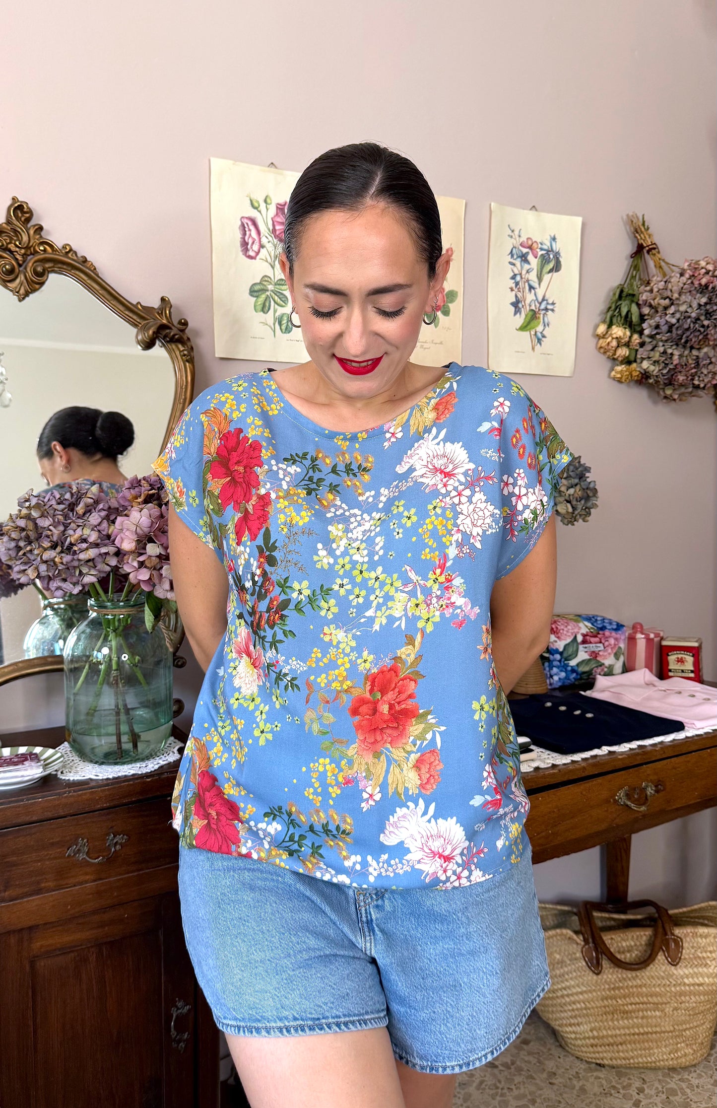 Blusa Serena, azzurro fiori